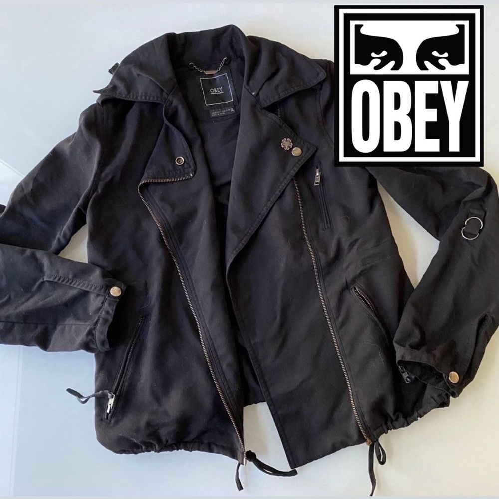 OBEY jacket sweater black moto bomber zip up